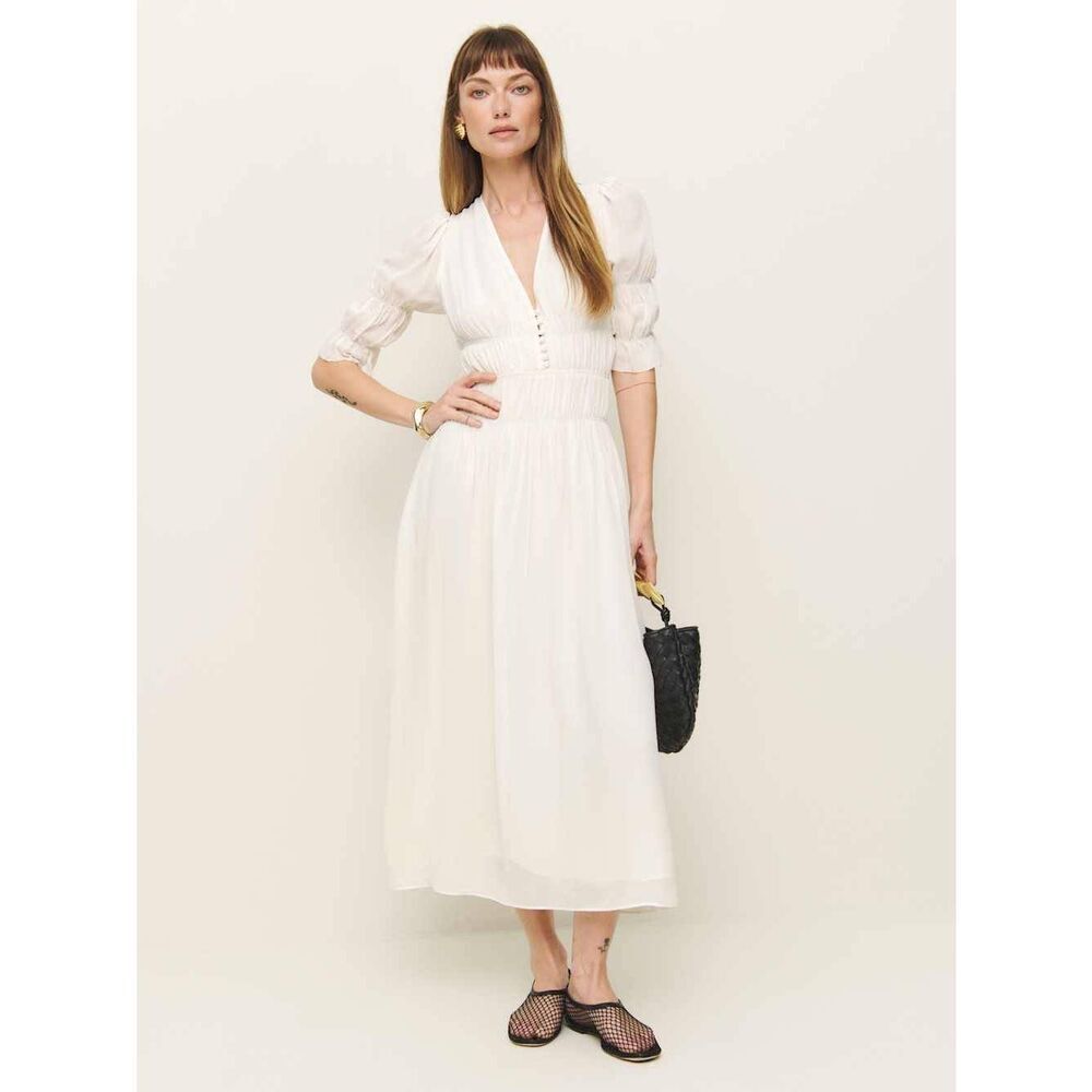 Reformation Women's V-neck Puff Sleeve Layered Chiffon Cyrus Dress Ivory Size 6